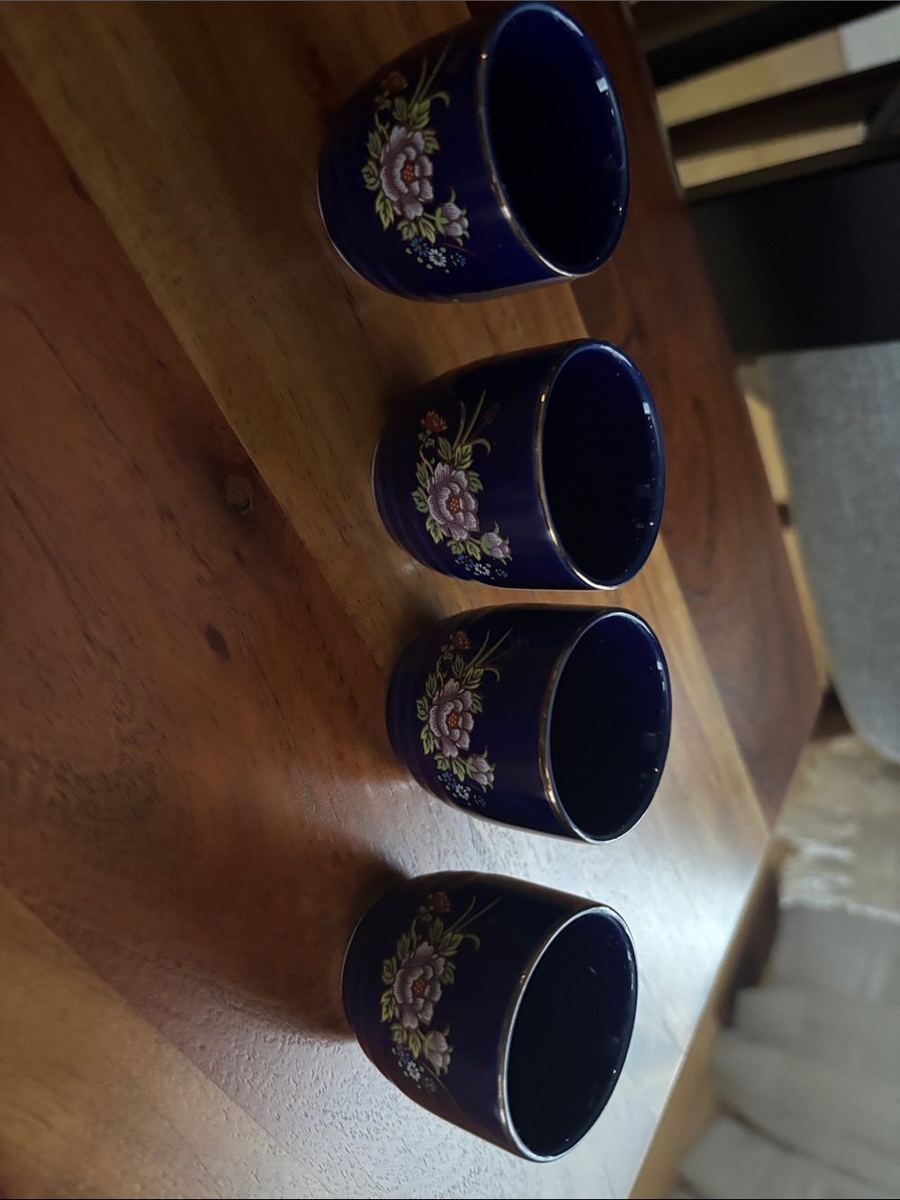 Set of 4 Vintage Japanese Cobalt Blue Floral Porcelain Cups